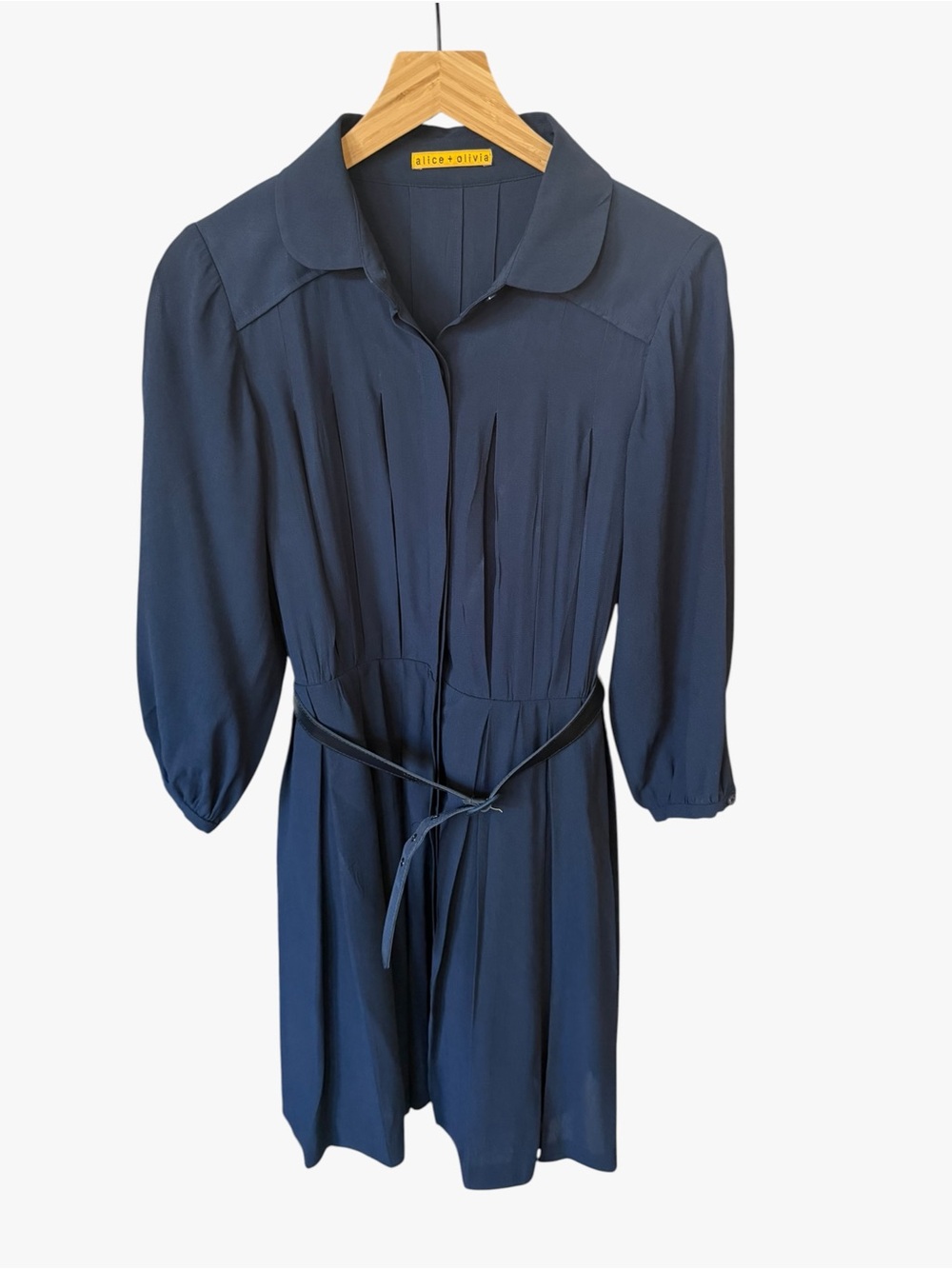 Alice + Olivia Navy Belted Long Sleeve Shirt Dress